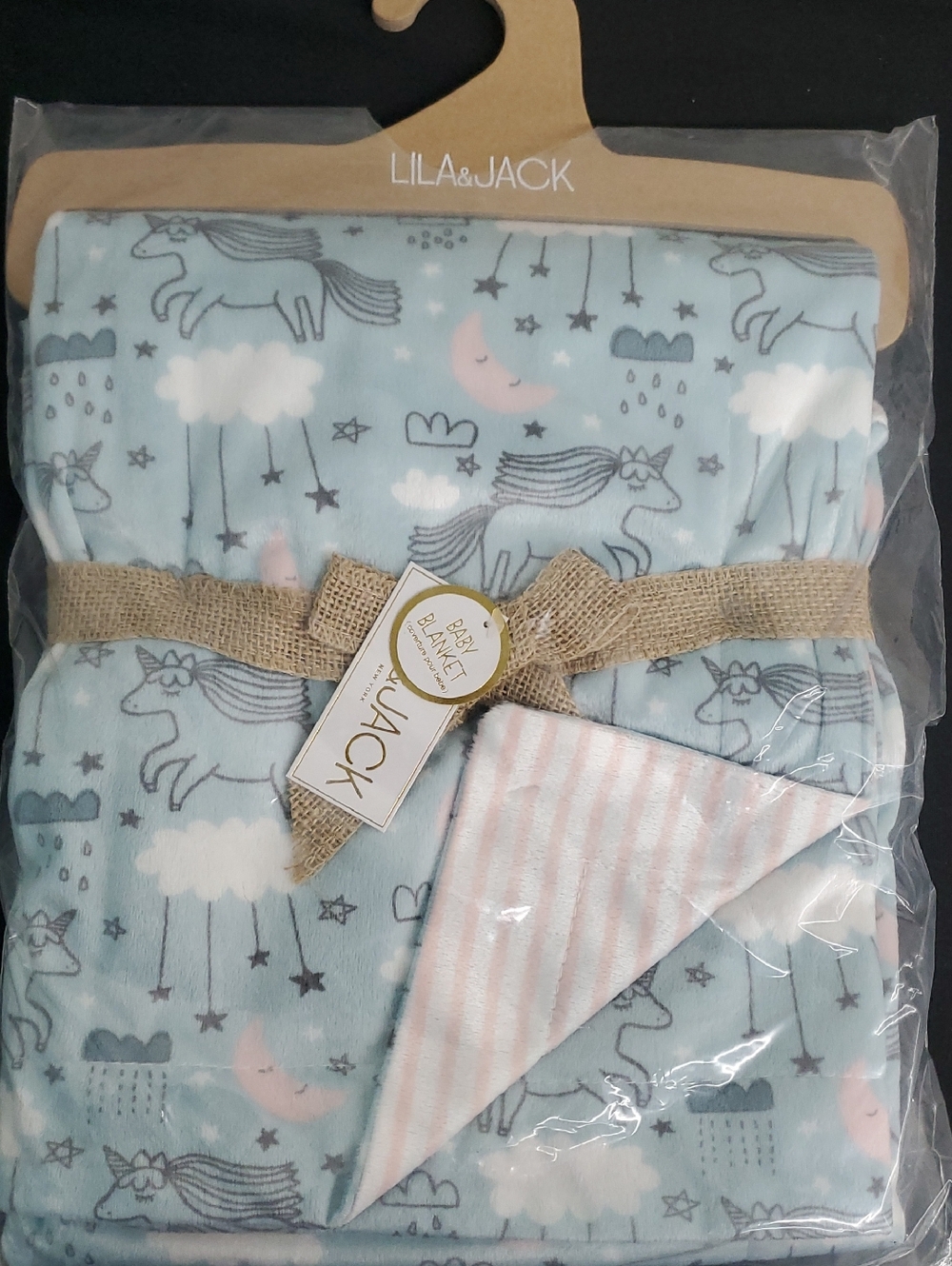 Lila & Jack Light Blue Unicorn Baby Blanket with Pink Striped Reversible Backing